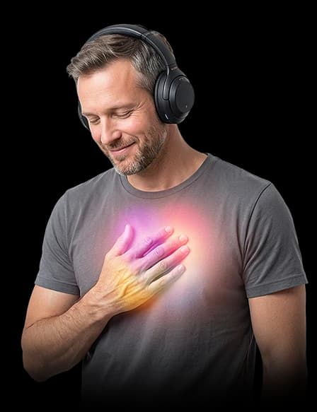 A man listening through headphones with a hand held over his heart