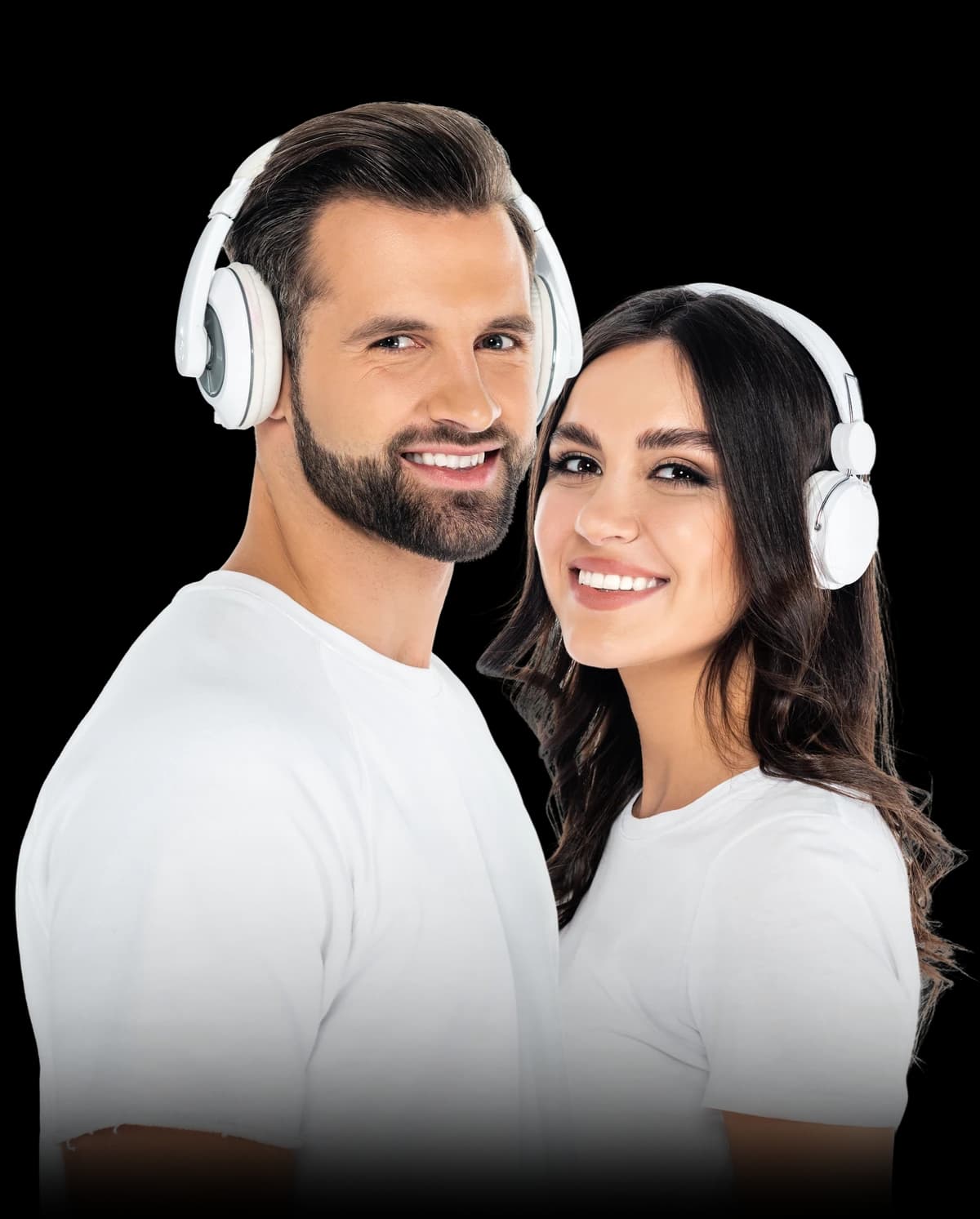 A couple listening together through headphones